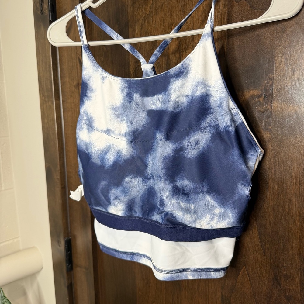 Old Navy active Go Dry Long Line Bra Blue White Tie-Dye crop Top Size L padded - Picture 6 of 8